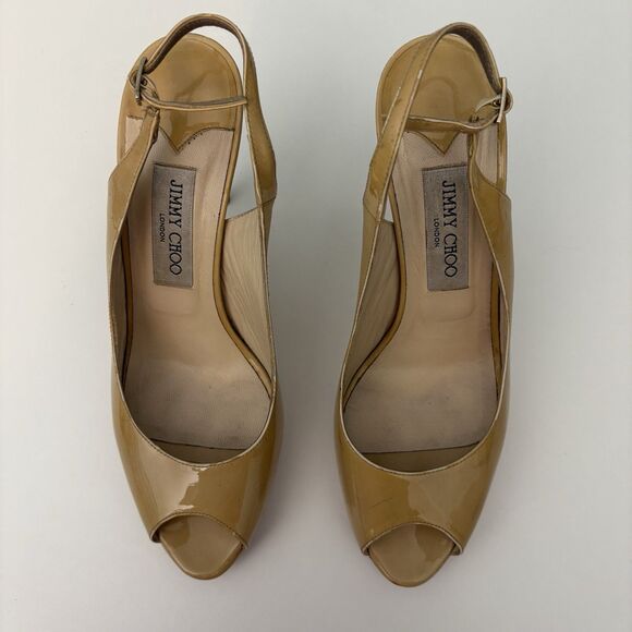 Jimmy Choo Heels Womens 39.5 Gold Glossy Leather Peep Toe Stiletto Platform - Picture 2 of 11